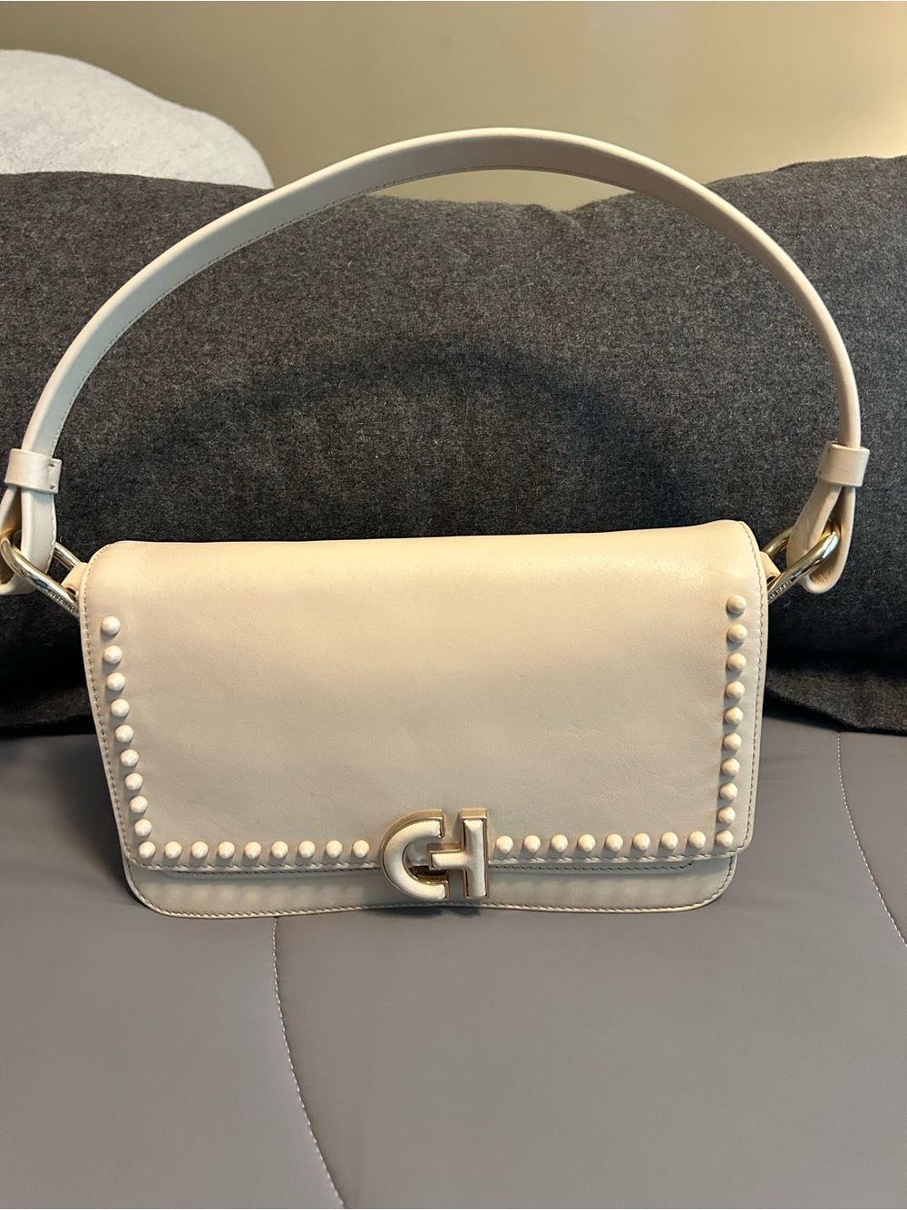 Cole Haan Cream Leather Studded Shoulder Bag with Gold-Tone Logo